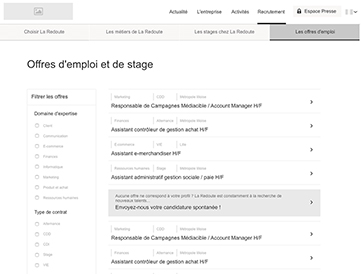 Aperçu du wireframe de la page d'offres d'emploi du site de La Redoute