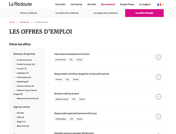 Aperçu de la page d'offres d'emploi du site de La Redoute