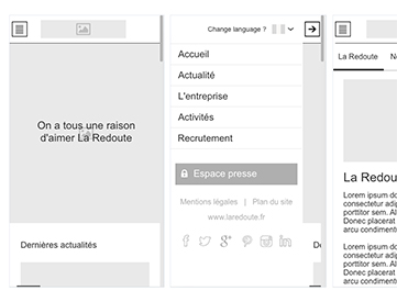 Aperçu de différents wireframes du site mobile de La Redoute